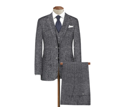 Black & Grey Herringbone Wool Tweed Fabric