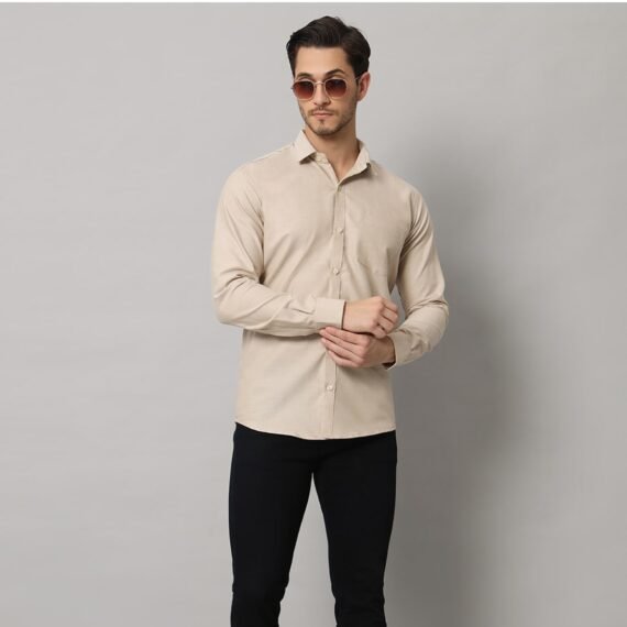 Men's Beige Cotton Oxford Long Sleeve Shirt