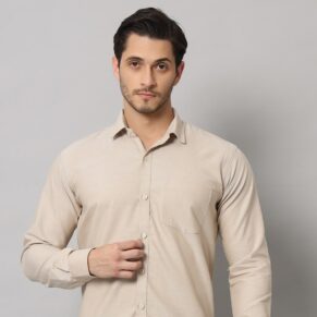 Men's Beige Cotton Oxford Long Sleeve Shirt