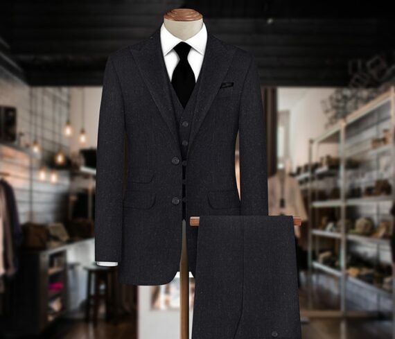 Navy Blue & Black Herringbone Suit Piece