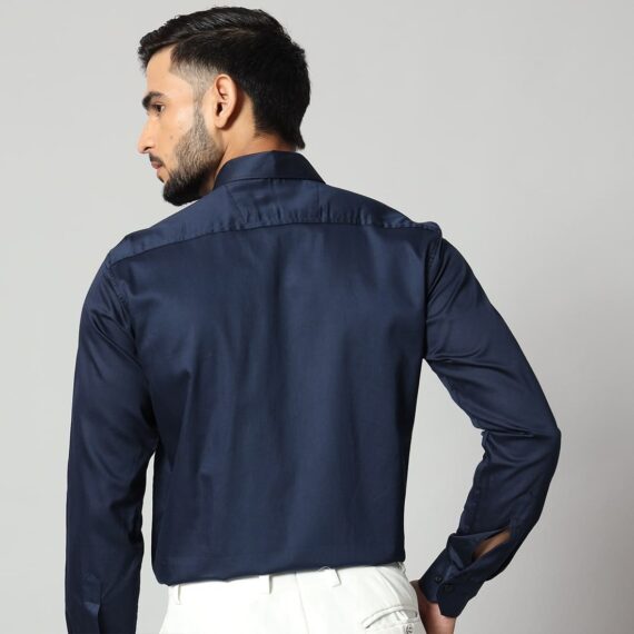 Navy Blue Cotton Satin Long Sleeve Shirt For Men's