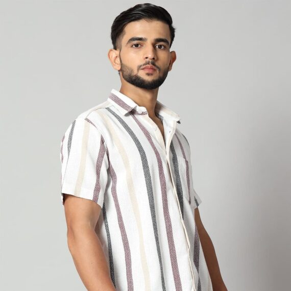 Men's White Striped Cotton Half Sleeve Shirt