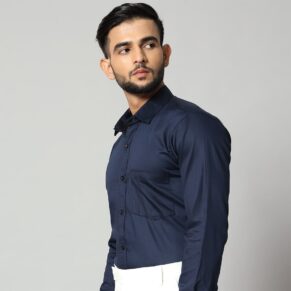 Navy Blue Cotton Satin Long Sleeve Shirt For Men's