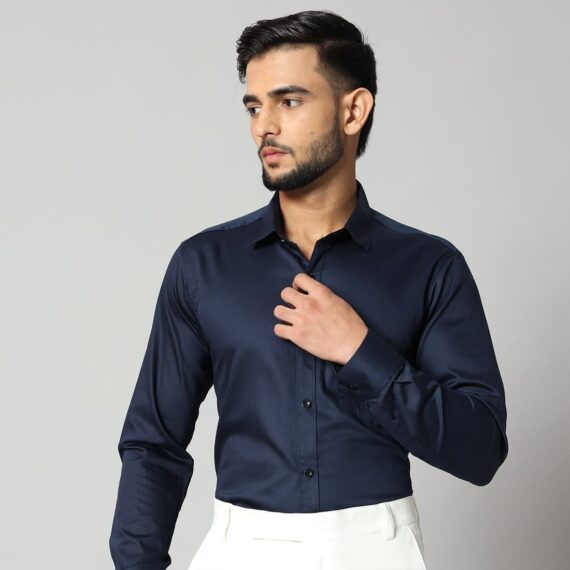 Navy Blue Cotton Satin Long Sleeve Shirt For Men's