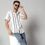 Men's White Striped Cotton Half Sleeve Shirt