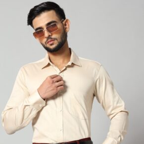 Men's Beige Office Wear Long Sleeve Shirt