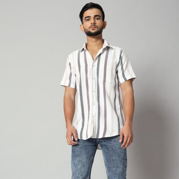 Men's White Striped Cotton Half Sleeve Shirt