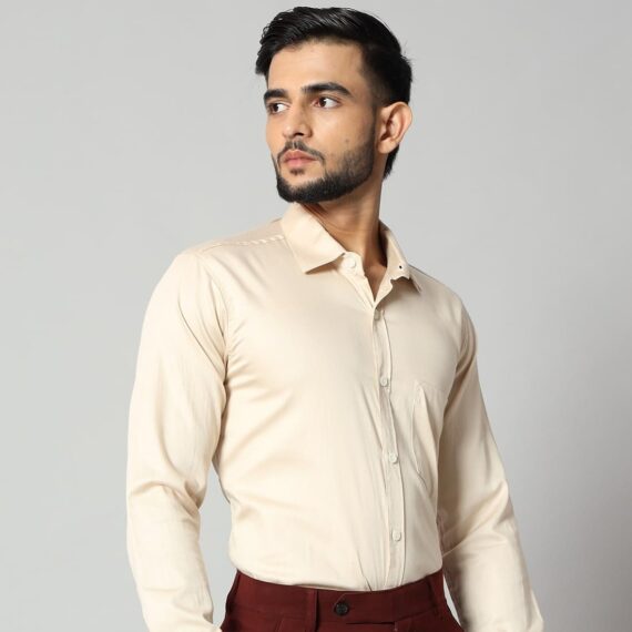 Men's Beige Office Wear Long Sleeve Shirt