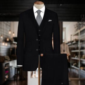 Black Herringbone Wool Suit Fabric