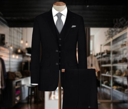 Black Herringbone Wool Suit Fabric