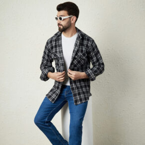 Black Cotton Checkered Double Pocket Flannel Shirt