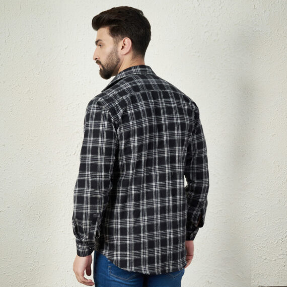 Black Cotton Checkered Double Pocket Flannel Shirt