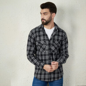 Black Cotton Checkered Double Pocket Flannel Shirt