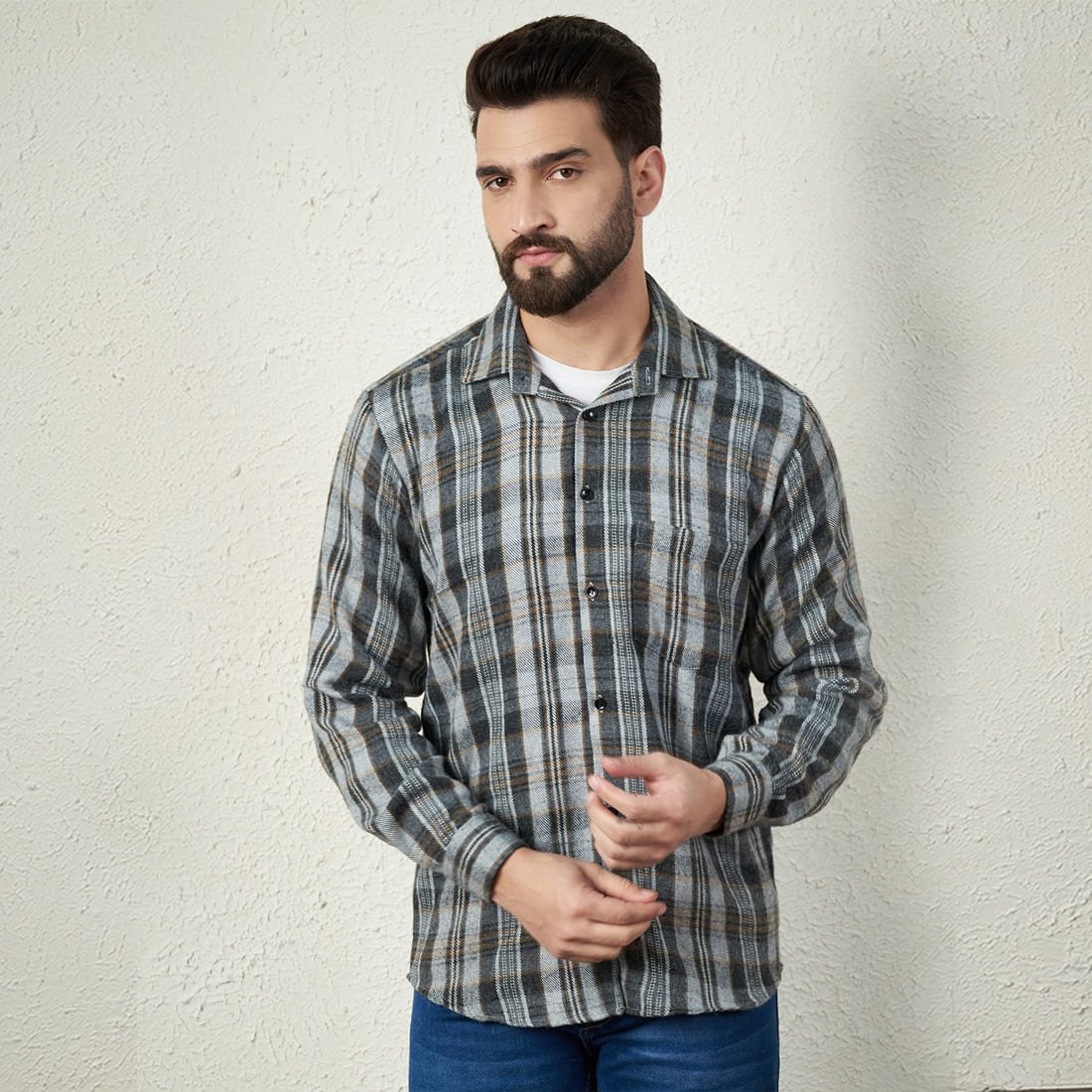 Grey Cotton Flannel Shirt With Patch Pocket