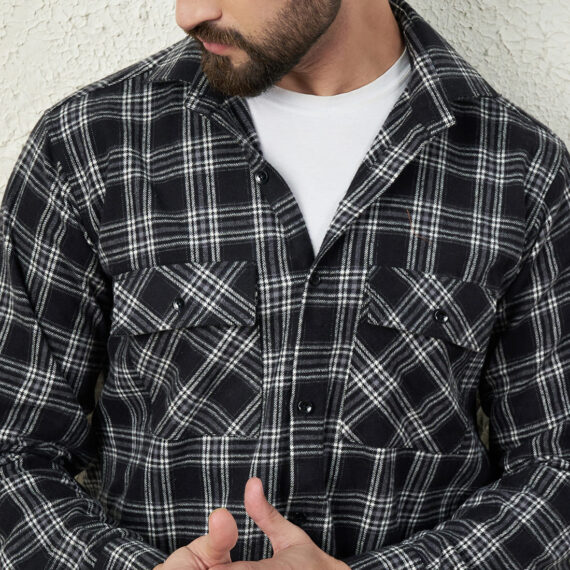 Black Cotton Checkered Double Pocket Flannel Shirt