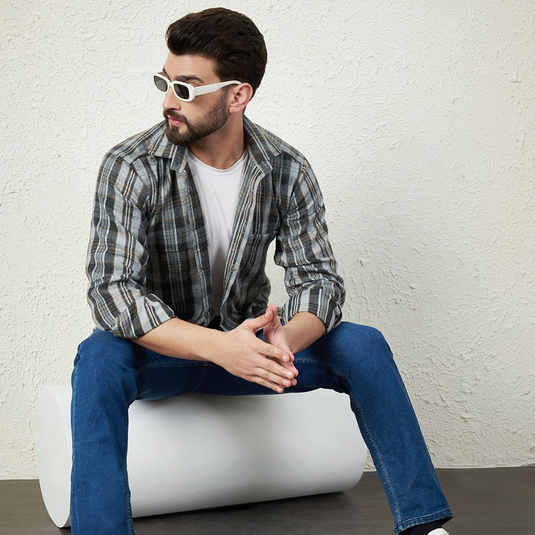 Grey Cotton Flannel Shirt With Patch Pocket