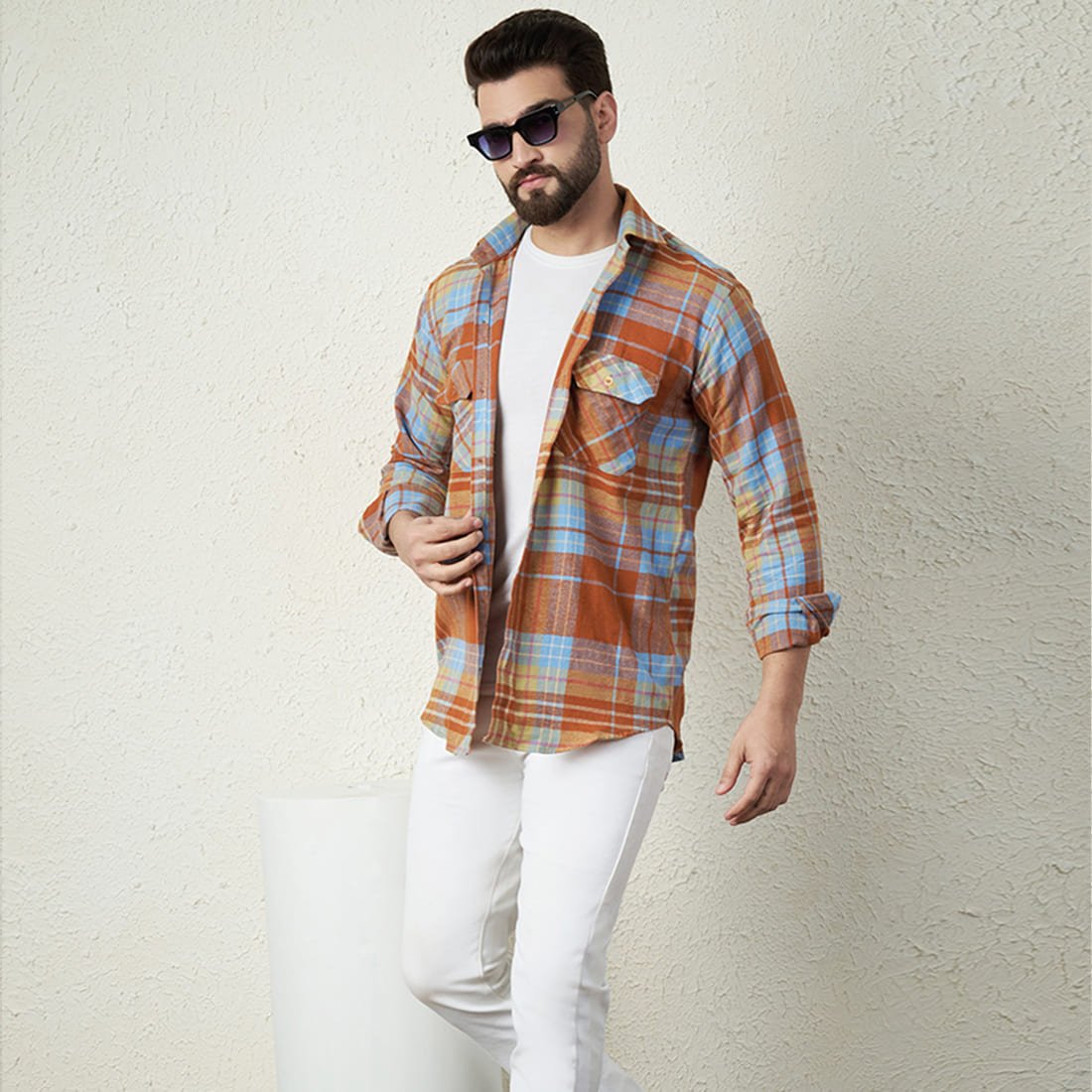 Orange Checkered Patch Pocket Flannel Shirt