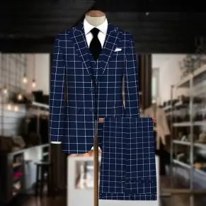 Dark Blue Checkered Suit Fabric