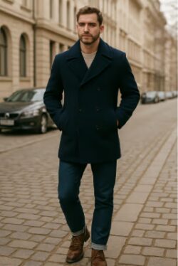 Peacoat with denim boots